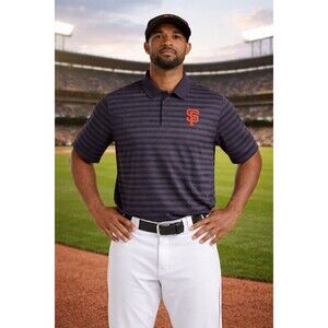 San Francisco Giants Men’s Polo Shirt Black Gray Stripe Majestic MLB L